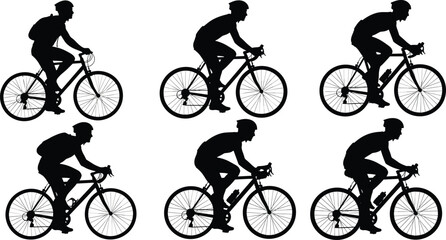 Obraz premium Vector illustration of cycling icon set with six silhouette riders in varied bicycle styles and postures