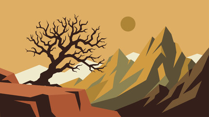 Minimalist Vector Illustration of a Desert Mountain Landscape with Bare Tree and Sun in Flat Design