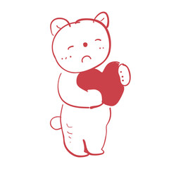 大きな赤いハートを大切そうに抱えている優しい表情をしたかわいいクマの手書きイラスト
