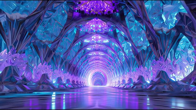 Cinematic Forward Journey Through a Radiant Blue Crystal Cave and Glowing Amethyst Cavern