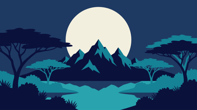 Flat Design Vector Illustration of a Night Mountain Landscape with Large Full Moon and Trees