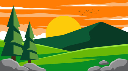 Obraz premium Scenic Mountain Landscape at Sunset with Pine Trees Vector Illustration in Flat Design Style