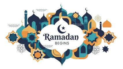Ramadan begins graphic with Islamic architectural elements and geometric patterns