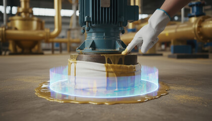 Industrial pump gold liquid mining concept factory floor worker hand white glove glowing ring energy field spill puddle metallic pipe Industrial