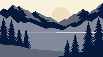 Fototapeta premium Minimalist Flat Design Vector Illustration of a Blue Mountain Landscape with Lake and Sun