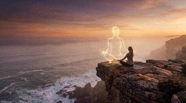 A tranquil woman find her inner peace. The spiritual connection with sunset view. The moment is meditation and self-discovery.