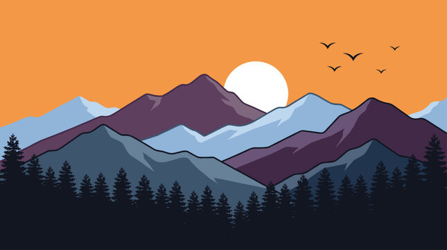 Minimalist Flat Design Vector Illustration of a Mountain Range Sunset with Pine Forest and Birds