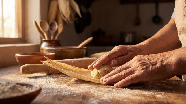 Hands shaping masa into tamales on a floured wooden counter with rustic utensils