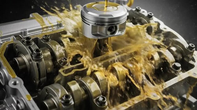 Close-up of engine lubrication with oil flowing onto the internal components.