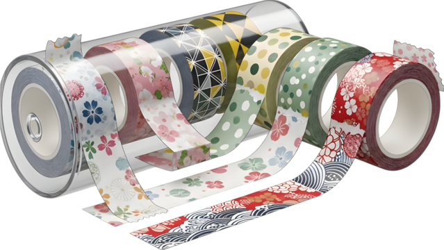 Assorted decorative washi tapes with various patterns isolated on transparent background - Powered by Adobe