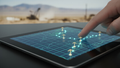 Tablet finger touch digital map data gold mining analysis exploration touchscreen graph grid hologram 3d arrow point navigation geology survey