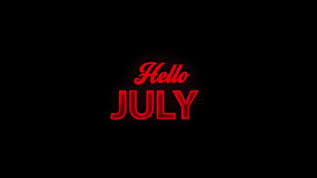 Hello july glowing text animation on transparent background.