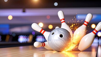 Bowling Ball Striking Pins with Dynamic Sparks on Wooden Lane, Capturing a Fast Action Game with Vibrant Alley Lights