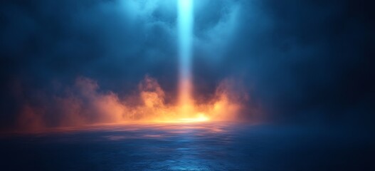 Obraz premium Dramatic Blue Light Beam Illuminating Orange Smoke And Misty Ground image photo
