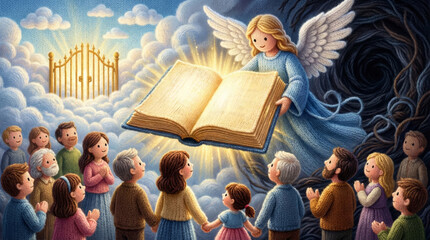 Fototapeta premium Angel showing a glowing bible to people guiding them towards heaven gate, escaping a dark, tangled path. Biblical story for children.