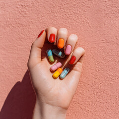 Main de femme tenant des g&eacute;lules