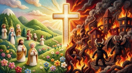 Fototapeta premium Knitted Christian heaven scene with Jesus and saints, contrasting with hell and demons, divided by a glowing cross. Biblical story for children.