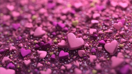 Obraz premium Colorful Heart Shapes and Sprinkles Creating a Romantic Pink Background for Celebrations and Special Occasions