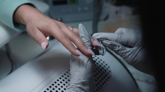 Cuticle trimming with clippers during final stage of manicure in beauty salon after coating application
