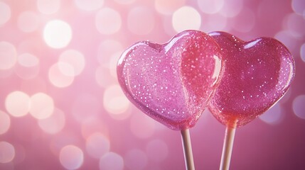 two pink heart-shaped lollipops on a bokeh background, a romantic valentine's day concept, with copy space for text, suitable for banner design. 