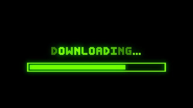 8 bit pixel Downloading text animation with a glowing green progress bar on a black background.