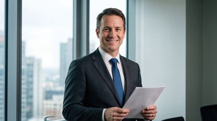 Fototapeta premium Confident Businessman Holding Documents in Modern Office with City Skyline