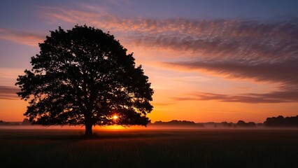 Lone tree silhouette at sunrise over misty field