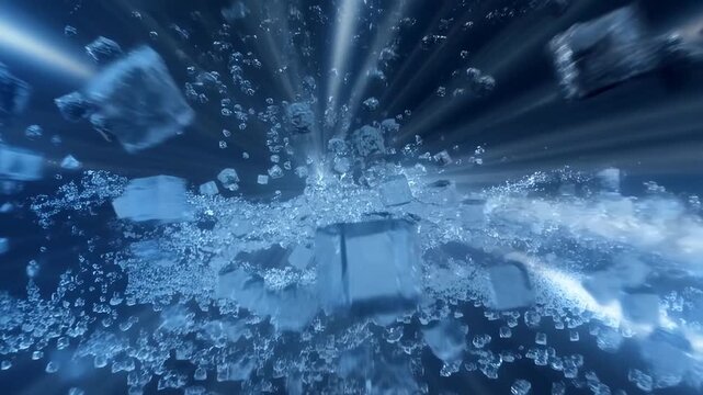 Exploding ice crystals in slow motion amidst blue light burst