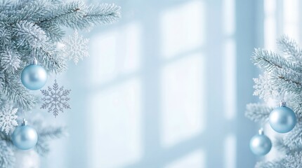 Pastel Blue Christmas Background with Frosted Branches and Copy Space