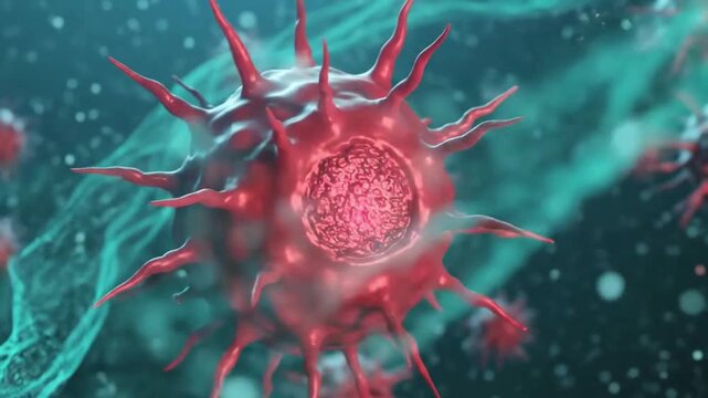 3D Medical Animation of HIV Virus Pathogen Floating Near Green Cell Membrane
