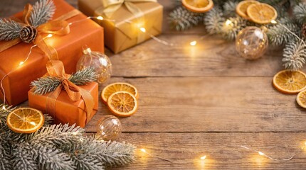Christmas Gifts and Dried Oranges on Rustic Wooden Background with Copy Space