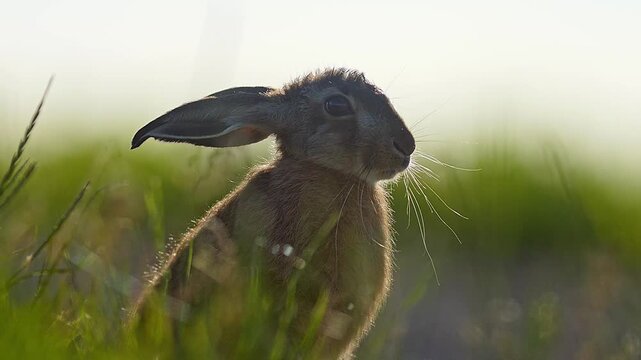 European Hare (Lepus europaeus) Sitting and Hiding in a Sunny Summer Sunset Meadow, Hannover, Lower Saxony, Germany
