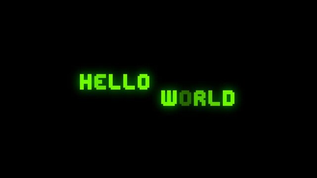 8-Bit Pixel Green Glow Hello World Text Animation on Black Background. Retro Coding Intro