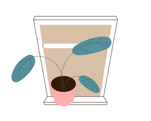Potted house plant on window sill, indoor home decor with leafy foliage, minimal interior element, natural botanical greenery, simple flat vector illustration isolated on white background.