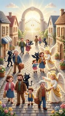 Fototapeta premium Knitted family choosing between good and evil, with angels and devils. Biblical Christian story for child, moral choice, heaven gate.