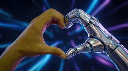 Human and Robot Hand Forming Heart Shape on Abstract Neon Background 3D Render