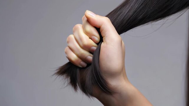 Female hand holding damaged hair with split ends on neutral background, haircare and breakage concept.