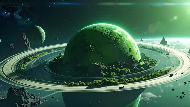 Spectacular green planet with rings and y terrain floating in deep space.