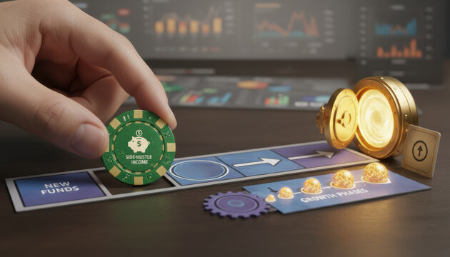 Investment Retirement Compound Income Growth Funds Side hustle Financial Planning Strategy Hand Chip Board Arrow Portal Light Money Wealth Savings