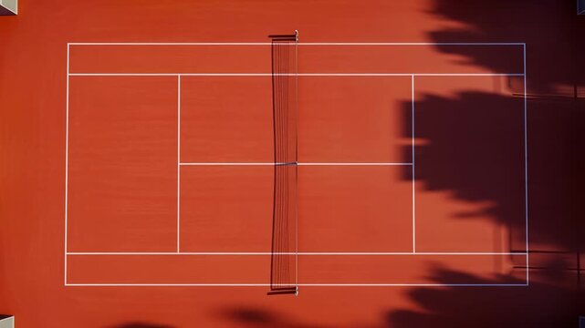 Sunlit aerial transition over clay tennis court revealing shadows and patterns