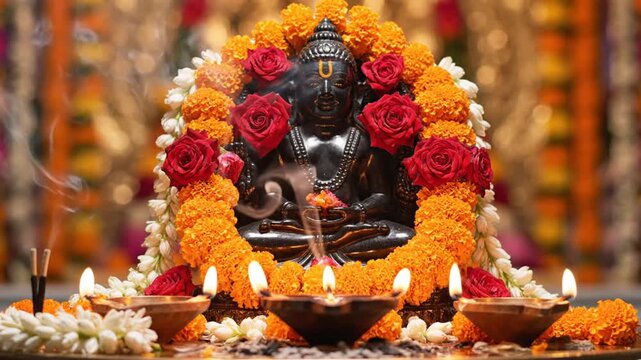 Lord Mahavir Idol With Floral Decorations