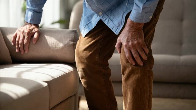 Senior man standing up from sofa holding painful knee at home, mobility problem and arthritis concept.