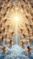 Fototapeta premium Knitted angelic choir celebrating with trumpets and harps around a bright light, representing a heavenly scene for Christmas or religious design.