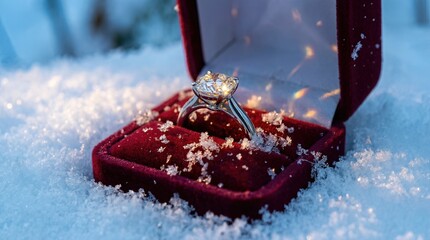 Diamond Engagement Ring in Red Velvet Box on Snow Close Up