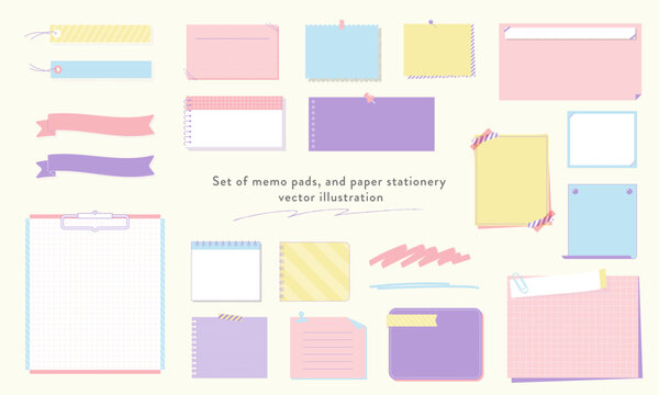 Set of cute pastel colored sticky notes, memo pads, and paper stationery vector illustration
