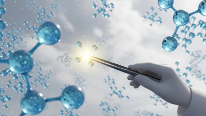 Gloved hand precisely manipulates a glowing particle with tweezers amidst a complex molecular structure background.