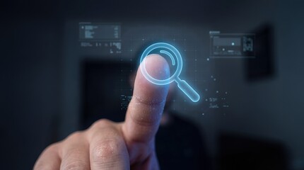Finger Touching Glowing Magnifying Glass Search Icon on Virtual Screen