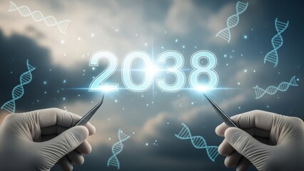 Gloved hands holding tweezers focus on the glowing year 2038, with abstract dna strands, symbolizing genetic research breakthroughs.
