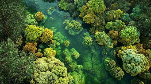Amazing blooming algae on green river aerial view