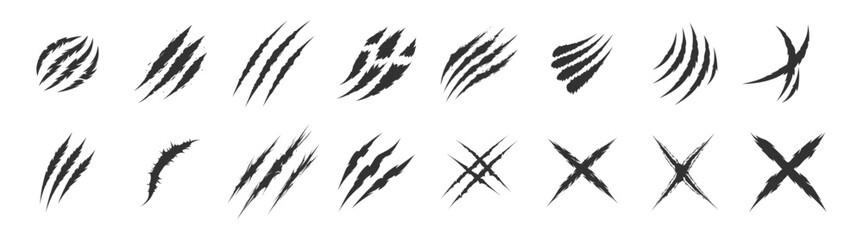 Claw scratch marks collection, comic style slash damage effects, jagged ripped torn scratches vector set for horror designs on transparent background © Alex